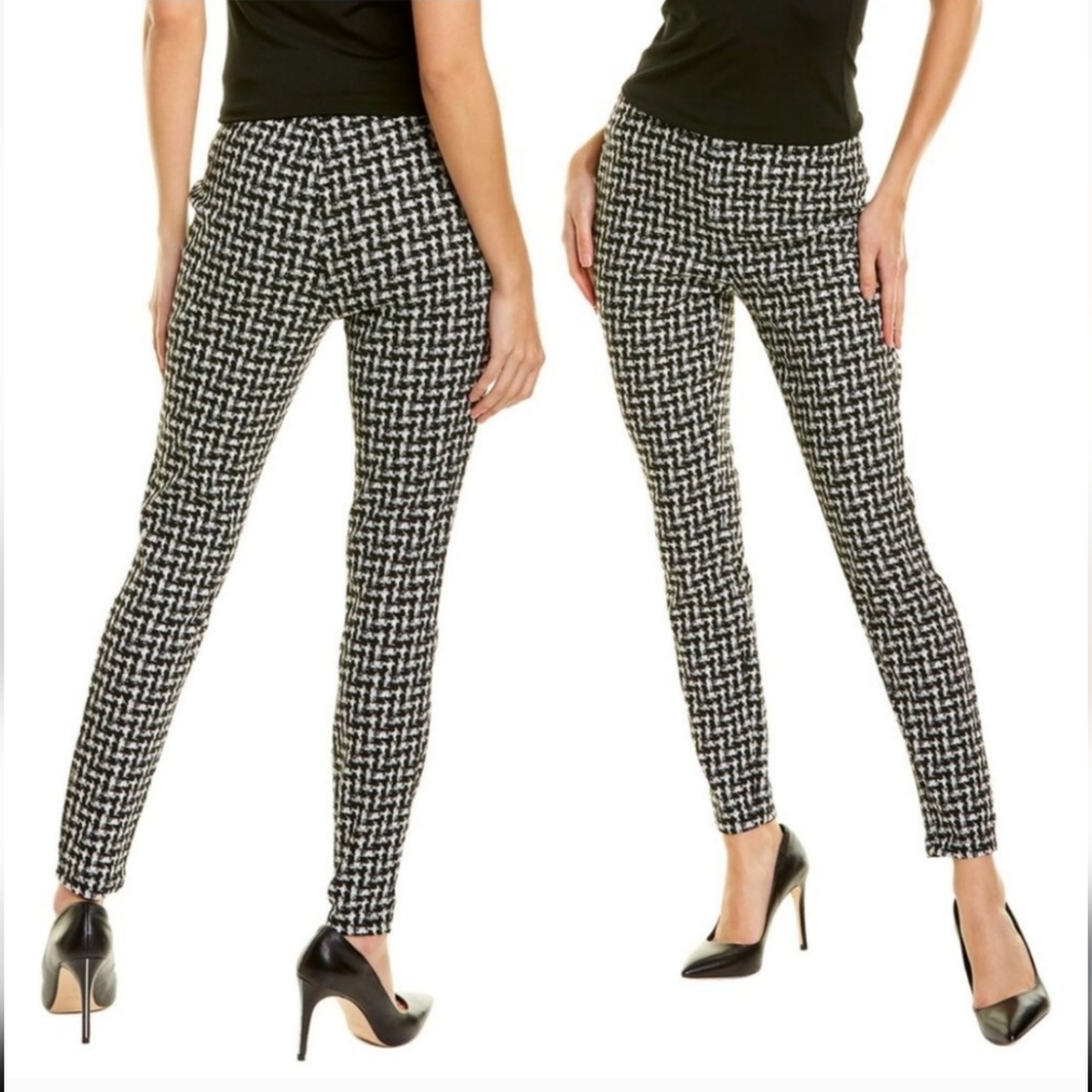 Nanette Lepore Ankle Pants Houndstooth Stretchy Pull On Black & White Metallic L